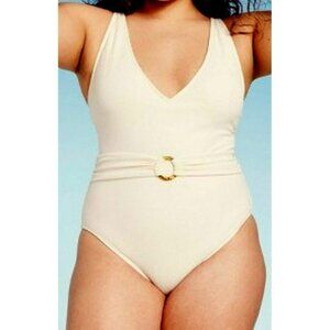 Shade & Shore Women's XL 16 V-Neck 1- Piece Belted Crepe Swimsuit Off White NWOT